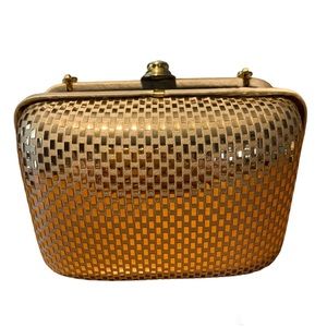Women’s Vintage St John Metallic Gold Evening Clutch w Pearl Embellished Strap
